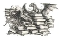 pile of books in differing sizes, whimsical, fantastical fantasy creatures flying around the book pile, like dragons and tattoo design idea