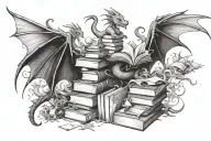 pile of books in differing sizes, whimsical, fantastical fantasy creatures flying around the book pile, like dragons and tattoo design idea