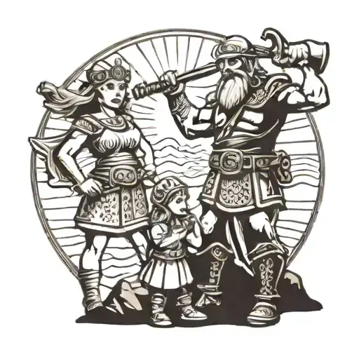 Viking warrior holding wife and 2 daughters standing on a cliff with the sun behind them and an axe in his hand tattoo design idea