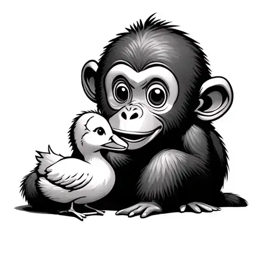 childlike cartoon monkey sitting holding a cartoo duck in its lap tattoo design idea
