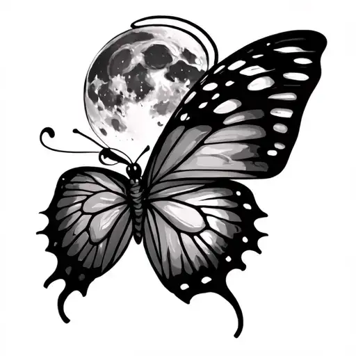 butterfly with a halo flying to the moon tattoo design idea