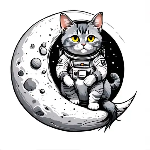 Tattoo Gray Cat Briton in an astronaut with yellow eyes sitting on a round moon on top tattoo design idea