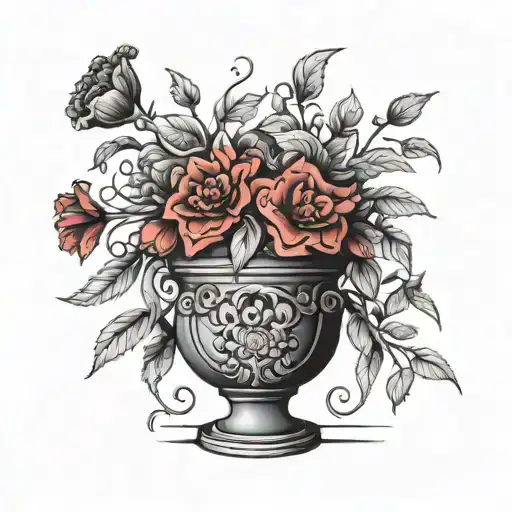 Greek vase full of red flowers tattoo design idea