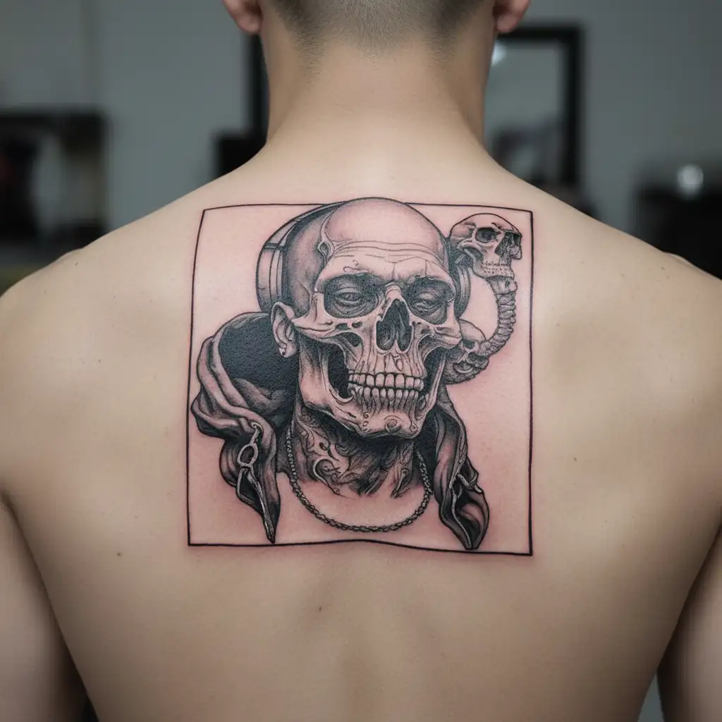 A realistic portrait of a famous hip-hop artist with a pet skull incorporated into the design tattoo design idea