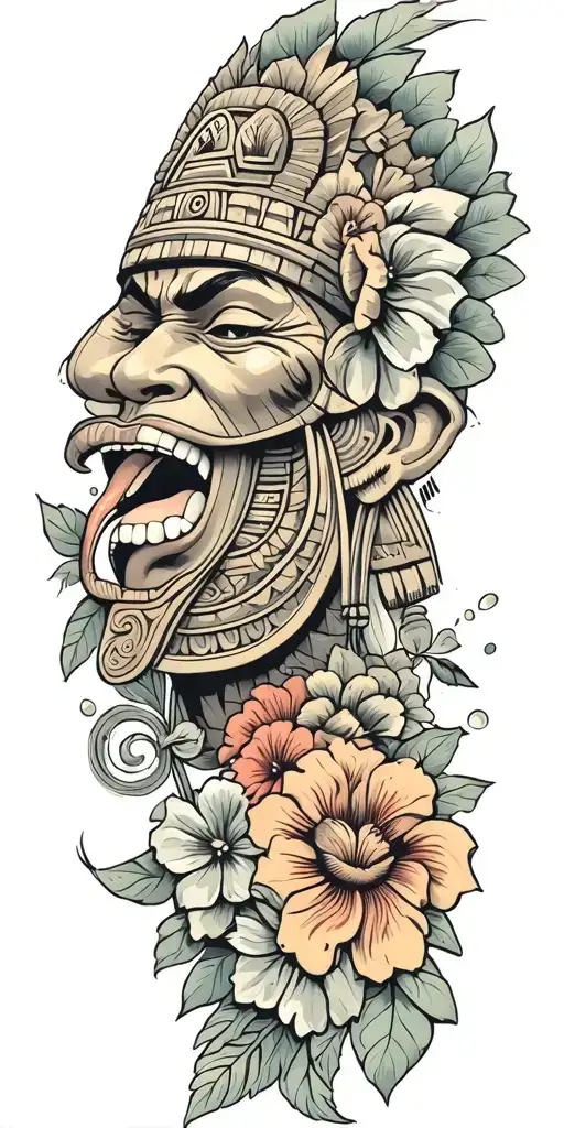  Mayan warrior tongue out acid on tongue flowers water Mayan tribal pattern tattoo design idea