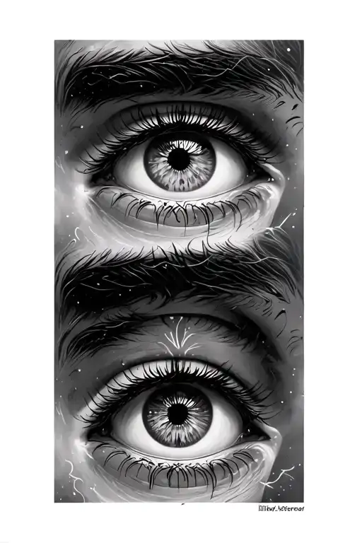 3 eyes stacked on top of one another with space in between and a bohemian tribal style tattoo design idea