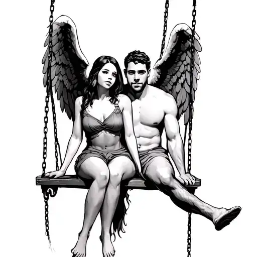 girl sitting on swing next to man with angel wings tattoo design idea
