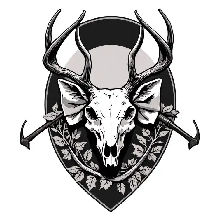 Deer Skull With bow hunting scene tattoo design idea