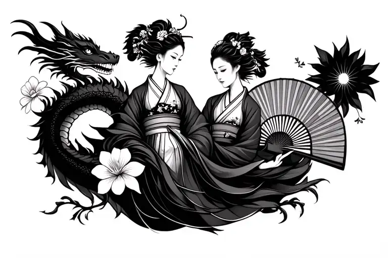 The image includes a woman in traditional Japanese clothes, a dragon, flowers and a fan, a dragon wrapped around a woman tattoo design idea