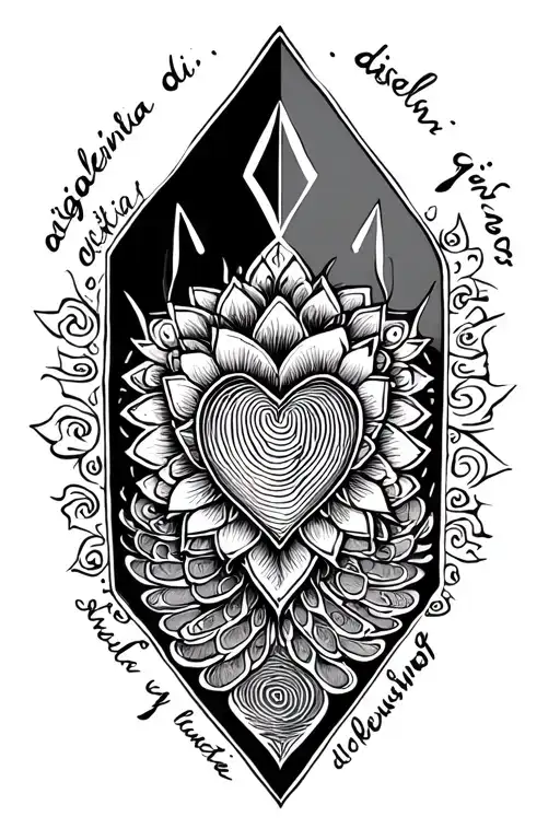 mandala diamond, with 'disgleiria di, y diemwnt gwallgof' written around it and my late mothers fingerprints in a heart tattoo design idea