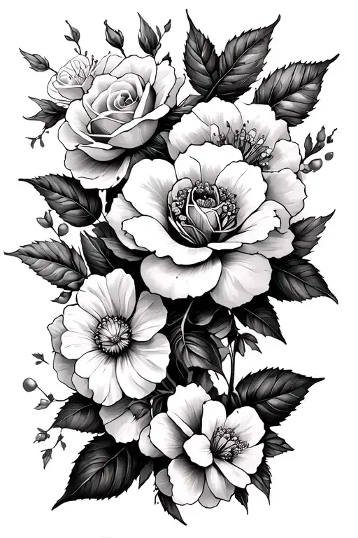 5 flowers on one arm and 3 flowers on the other arm.I want slightly bold lines, featuring roses and cherry blossoms, ar tattoo design idea
