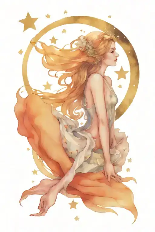 moon fairy sitting in crescent moon surrounded by stars tattoo design idea