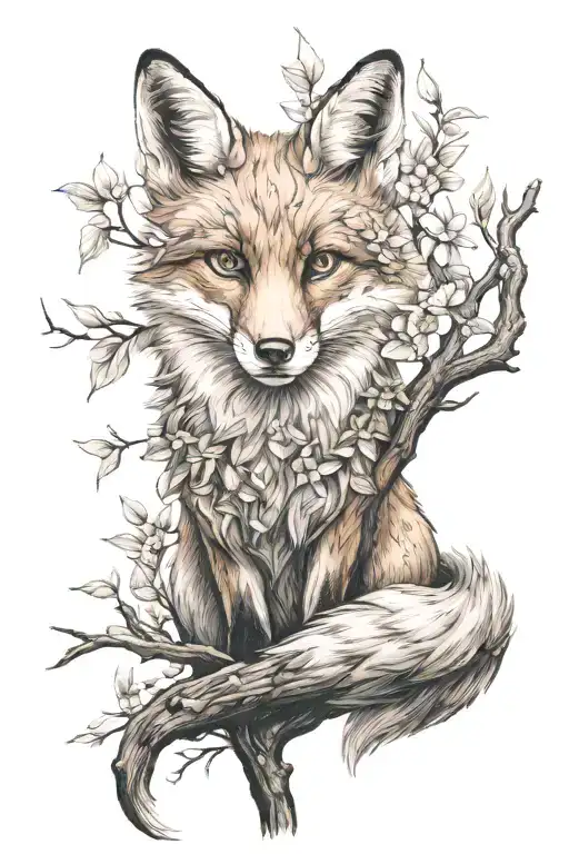 a fox sitting under a tree branch tattoo design idea