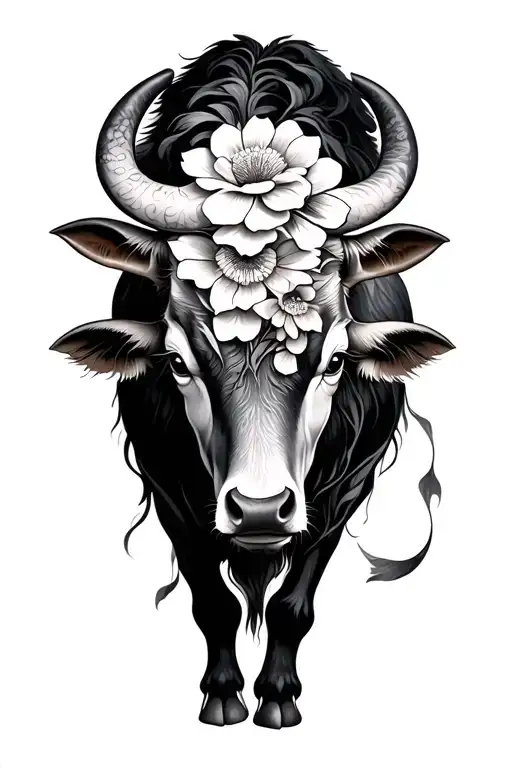 japanese ox and flowers tattoo design idea