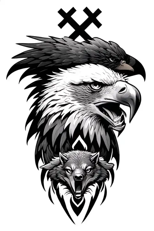 eagle head with a cross and wolf howling tattoo design idea