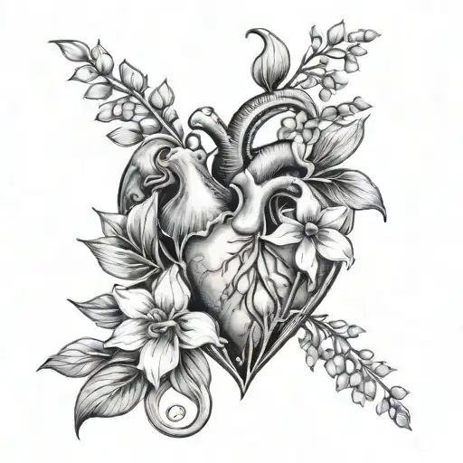 Heart muscle with a daffodil, a daisy, lily of the valley, iris, and larkspur growing out of it  tattoo design idea