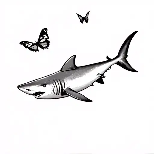 Shark and Butterfly Landing Fine Line with as little shade as possible tattoo design idea