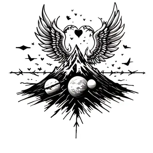 Dance on the volcano, wings in flames, hearts behind barbed wire, planets tattoo design idea