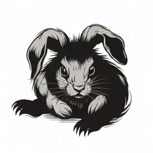 A depressed stuffed rabbit with deep, empty black eyes, its head heavily lowered as if carrying an invisible burden. Its tattoo design idea