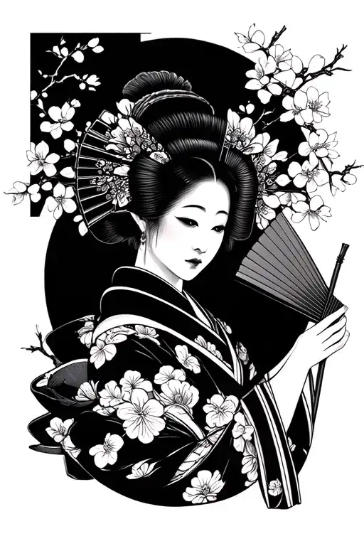 pretty Japanese geisha holding a fan with cherry blossom in the background  tattoo design idea