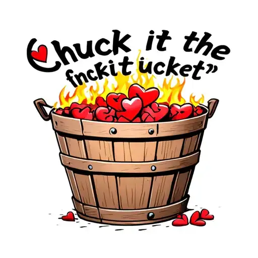 "Chuck it inthe fuckit bucket " "Chuck it inthe fuckit bucket " on the bucket, wooden bucket filled with broken hearts on fire inside tattoo design idea