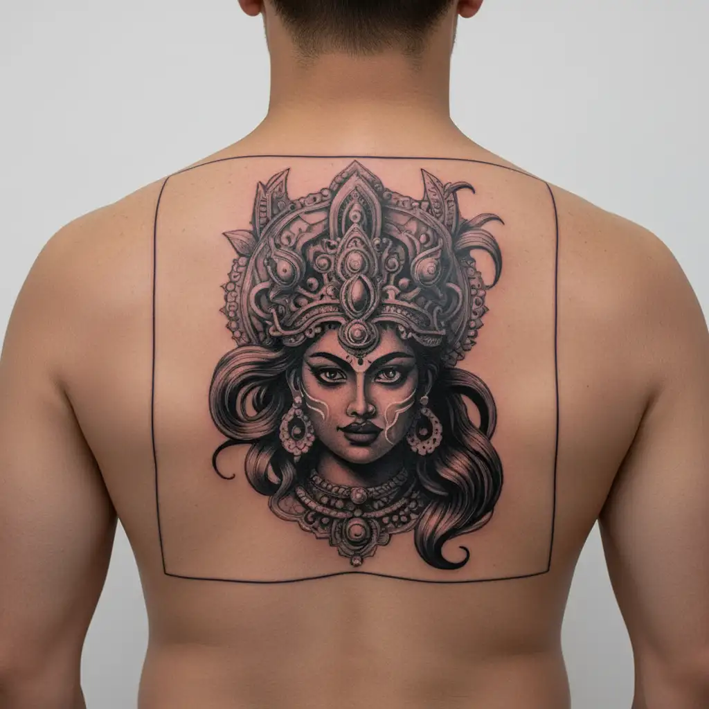 A portrait of a powerful Hindu goddess such as Kali or Durga, with intricate detailing and symbolism representing strength and protection tattoo design idea
