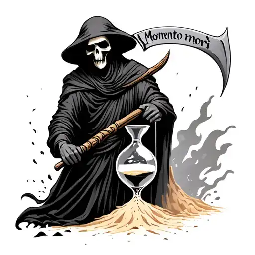 grim reaper holding a scythe with the words momento mori etched in the blade fading into a hourglass running out of sand tattoo design idea