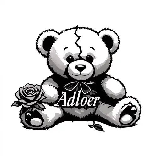 Broken Teddy Bear sitting holding rose word alone above bear tattoo design idea