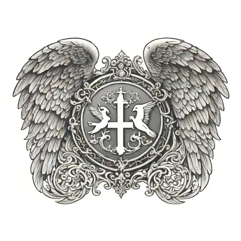 Coat of arms with pair wing of dove and cross and hand of god father tattoo design idea