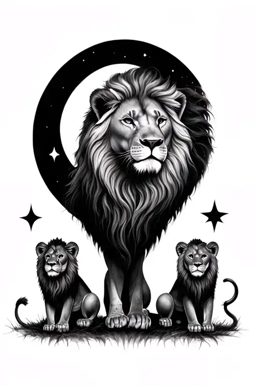 female lion and two small lions, moon, gemini sign, realistic idea, on the half back tattoo design idea