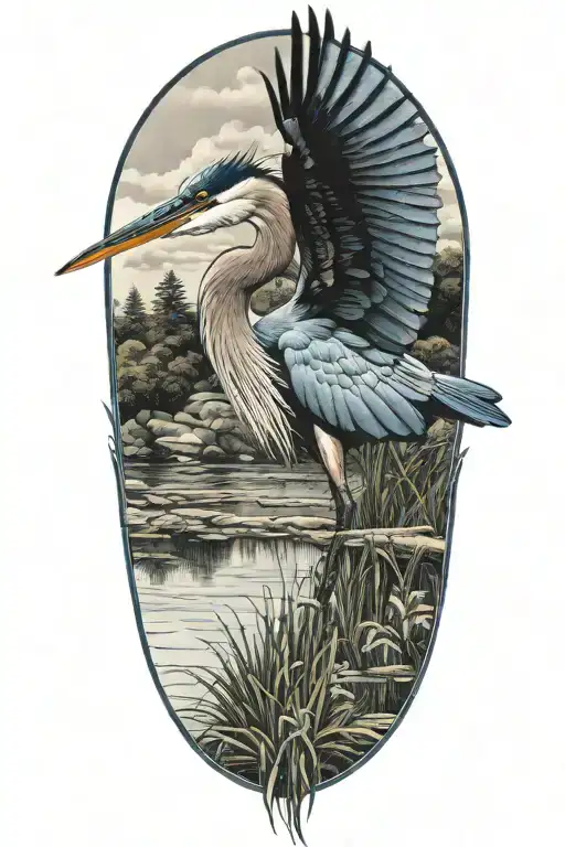 blue heron portrait, looking down, with wings spread tattoo design idea