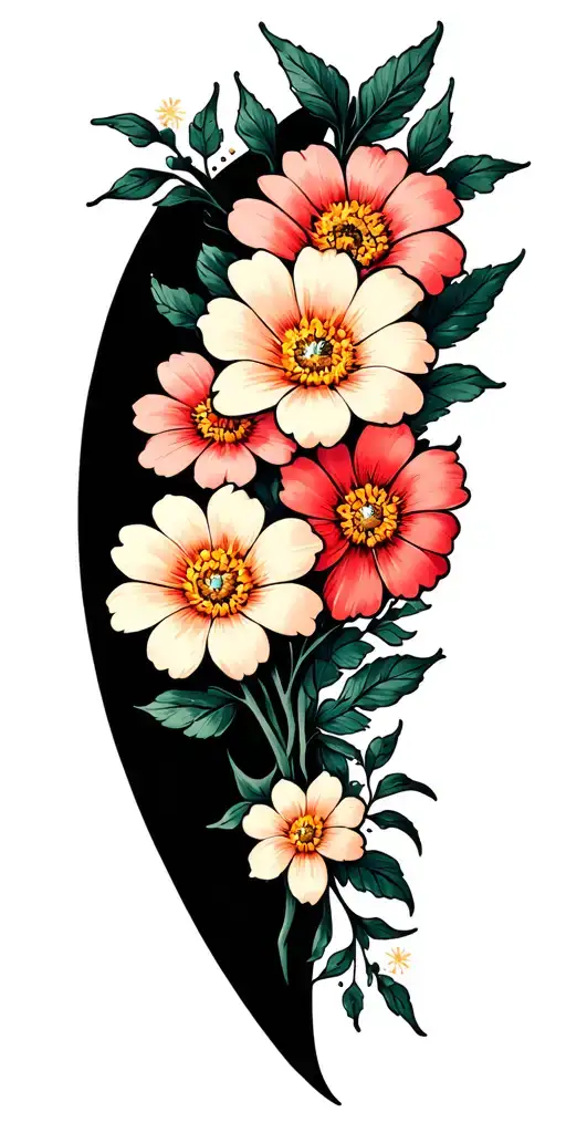 small traditional flowers surrounded by big black negative spaces embellished with micro sparkles and crosses  tattoo design idea