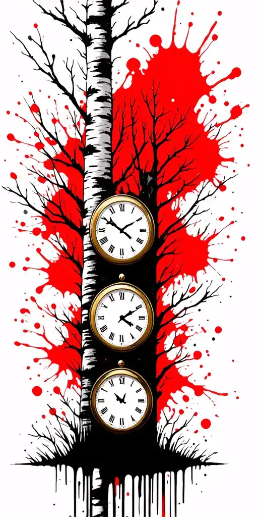birch tree in summer with three clocks on it tattoo design idea