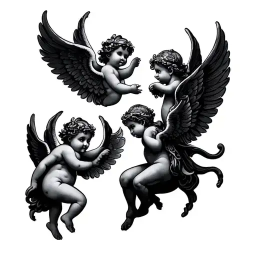 Create A traditional tattoo flash sheet in bold linework style, featuring quirky and unique mythical winged cherubs tattoo design idea