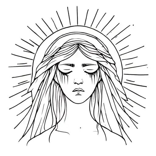 goddess crying with sun rays around head and veil on head.  tattoo design idea