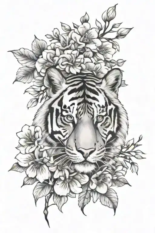 Tiger face and blossom flowers tattoo design idea