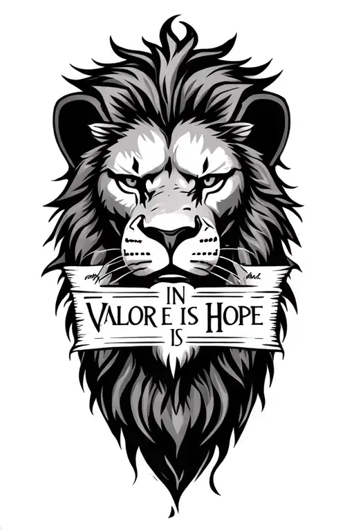 "In Valor There is Hope" scarred lion face tattoo design idea