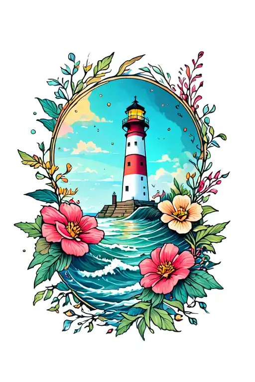 sea with lighthouse and flowers. tattoo design idea