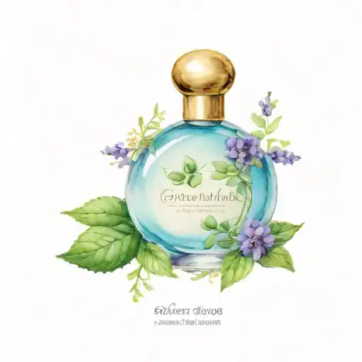 vintage style round perfume bottle with patchouli sprigs surrounding tattoo design idea