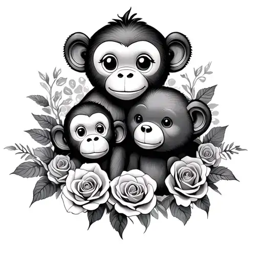 cute monkey and a cute bear surrounded by roses intertwined, simple tattoo design idea