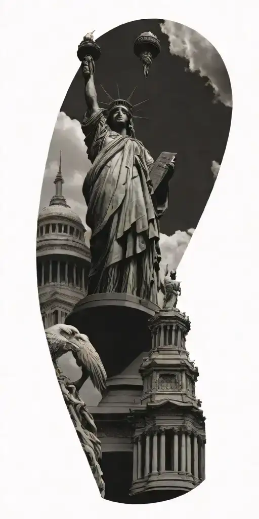 Statue of Liberty with eagle and liberty bell tattoo design idea