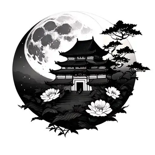 chinese building with moon in backround and with mandala and some flowers tattoo design idea