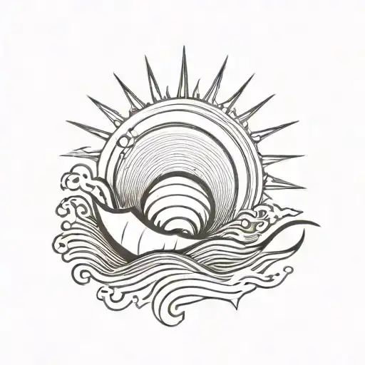 sun with shell and sea waves tattoo design idea