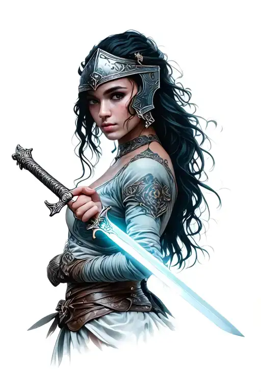 woman good with steal helmat holding a light sword in one hand tattoo design idea