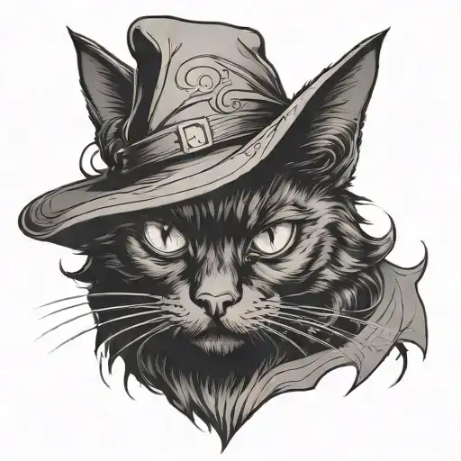 black cat, 3 eyes, hissing black cat, with a witch hat tattoo design idea