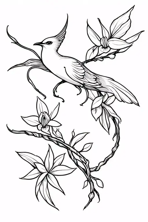 quetzal bird soaring white nun orchid vine wrapping tattoo design idea