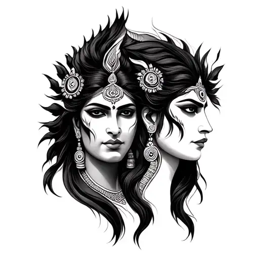 kali and shiva fierce faces side by side transitioning into each other indian style tattoo design idea