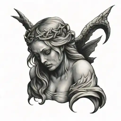 Stone Angel crying with horns  tattoo design idea