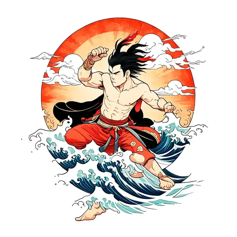 Japanese irezumi-style tattoo featuring Tanjiro Kamado in a fighting pose, surrounded by waves and traditional clouds, w tattoo design idea