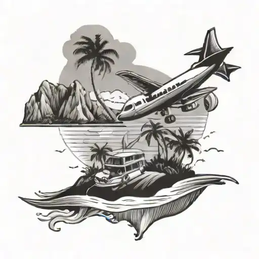 island, travel, surf, sagittarius sign, map, plane, tattoo design idea